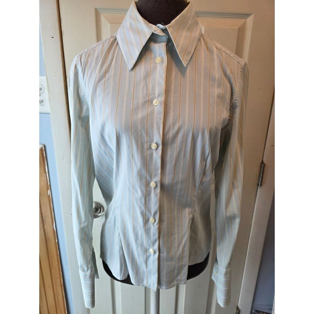 Thomas Pink Womens Long Sleeve Striped Button-Up Shirt Size 16 Cotton Blend Blue